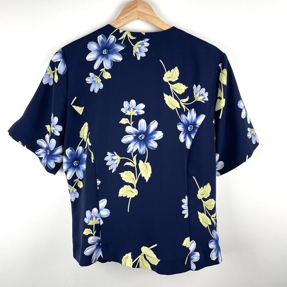 Vintage Floral Button Up Blouse Top Navy Blue Green Short Sleeve Coastal Grandma - Picture 2 of 4